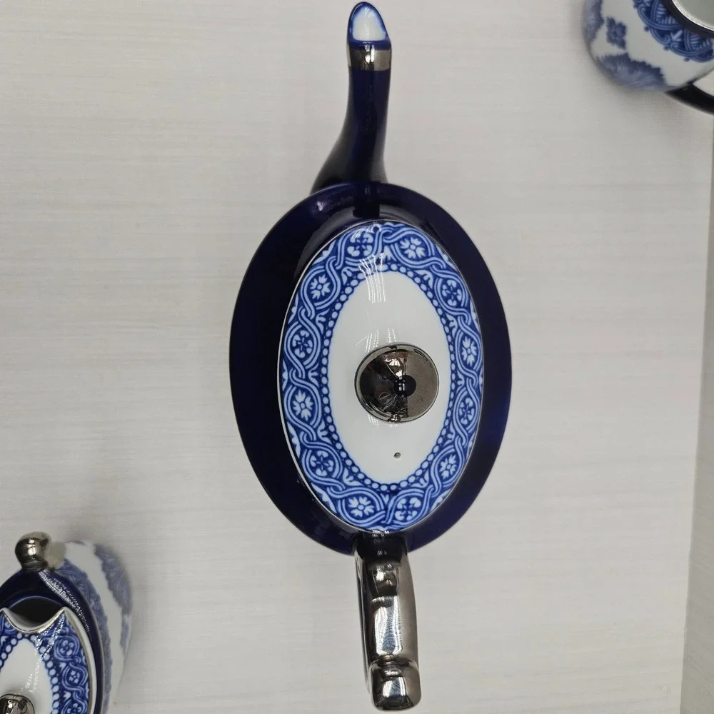 Bombay Blue White Porcelain Tea Set Teapot Sugar Creamer Silver Trim 3 Piece